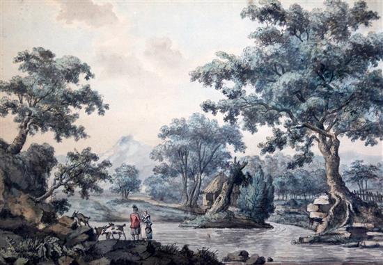Samuel Hieronymous Grimm (1733-1844) Figures in a river landscape 12.5 x 18in.